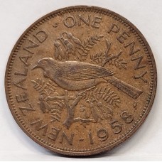 NEW ZEALAND 1958 . ONE 1 PENNY . ERROR . PLANCHET FLAW